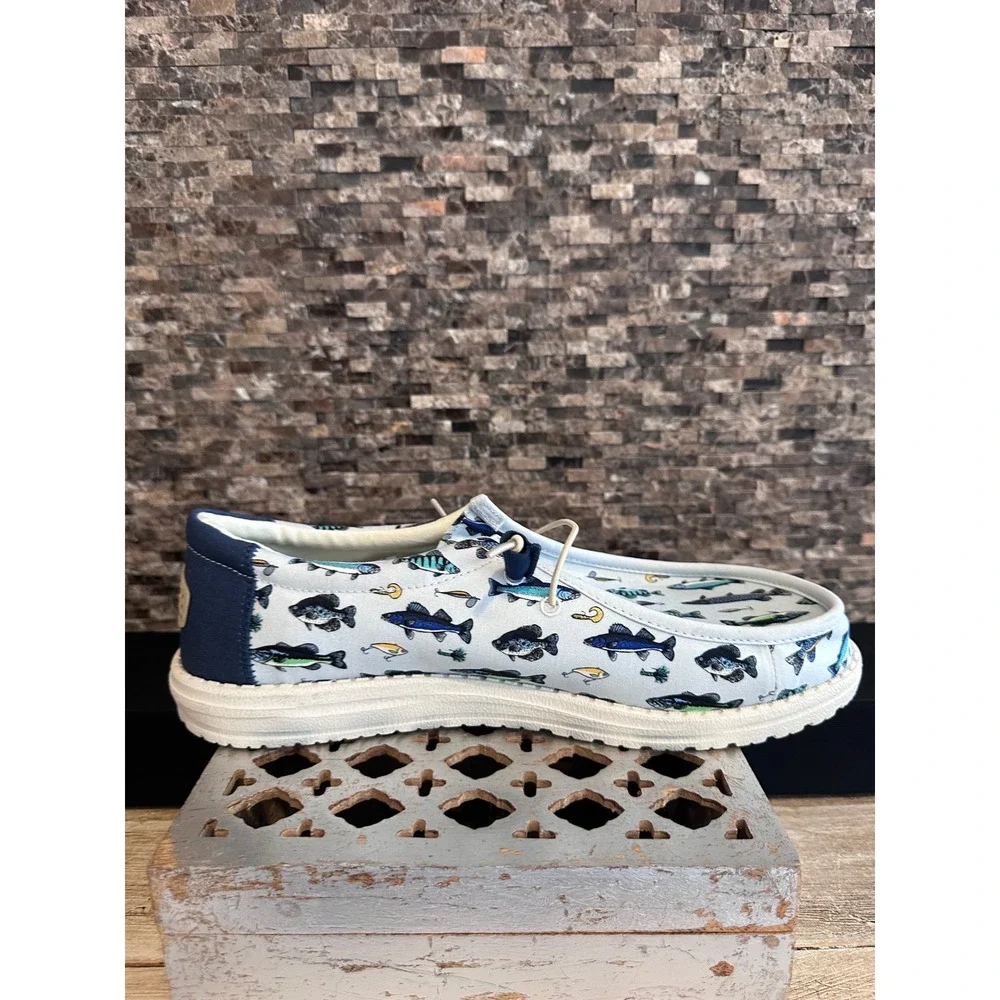 Hey Dude Wally Fish Lure Light Blue Canvas Slip On Loafers Mens 15 40624-450 NEW